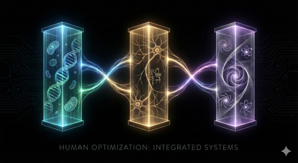 Three interconnected glowing pillars representing human optimization: bio-optimization with DNA and cells, nervous system regulation with neural pathways, and frontier science with quantum consciousness patterns