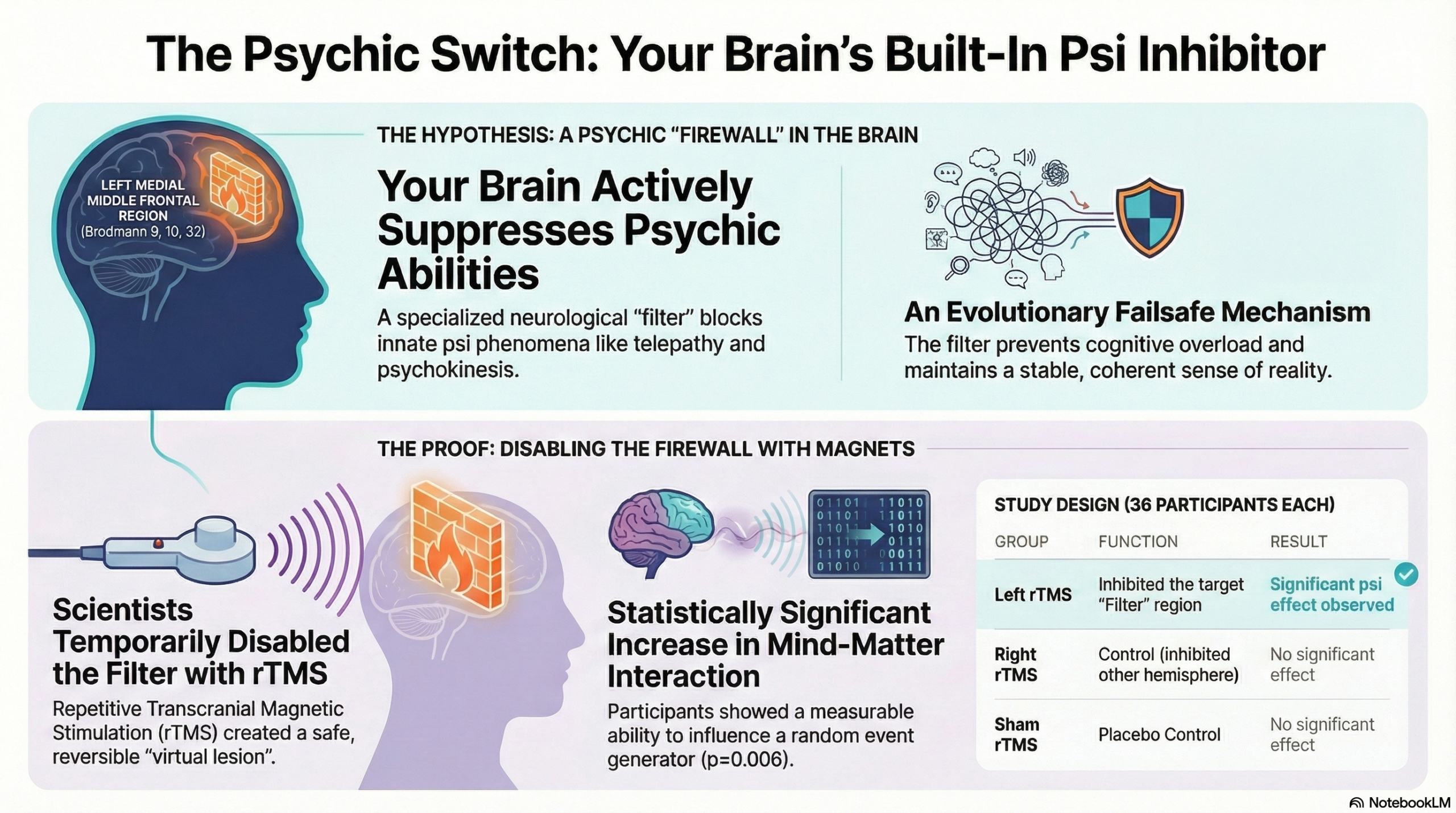 Psi inhibitory filter brain research diagram showing frontal lobe regions involved in psychic phenomena suppression